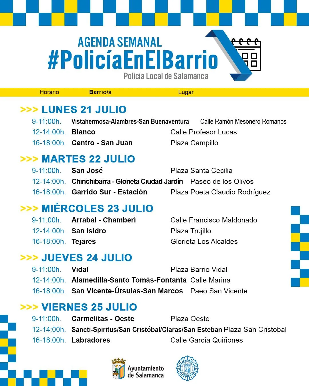 Calendario semanal de visitas ‘Policía en el Barrio’ del 21 al 25 de julio