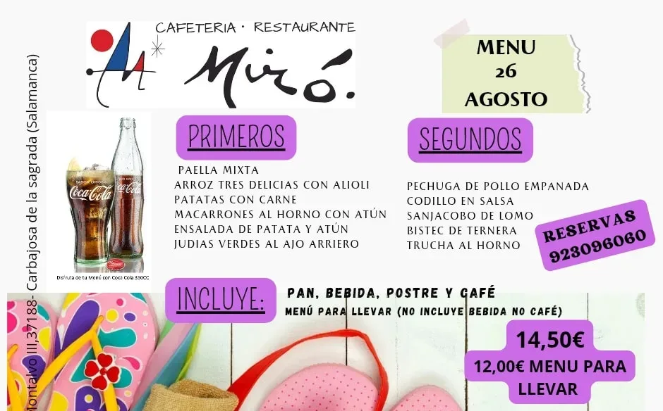 Cafetería · Restaurante Miró | Menú del 26 de agosto
