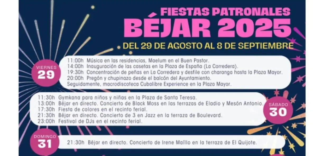 Fiestas de Béjar 2025: programación completa del 29 de agosto al 8 de septiembre