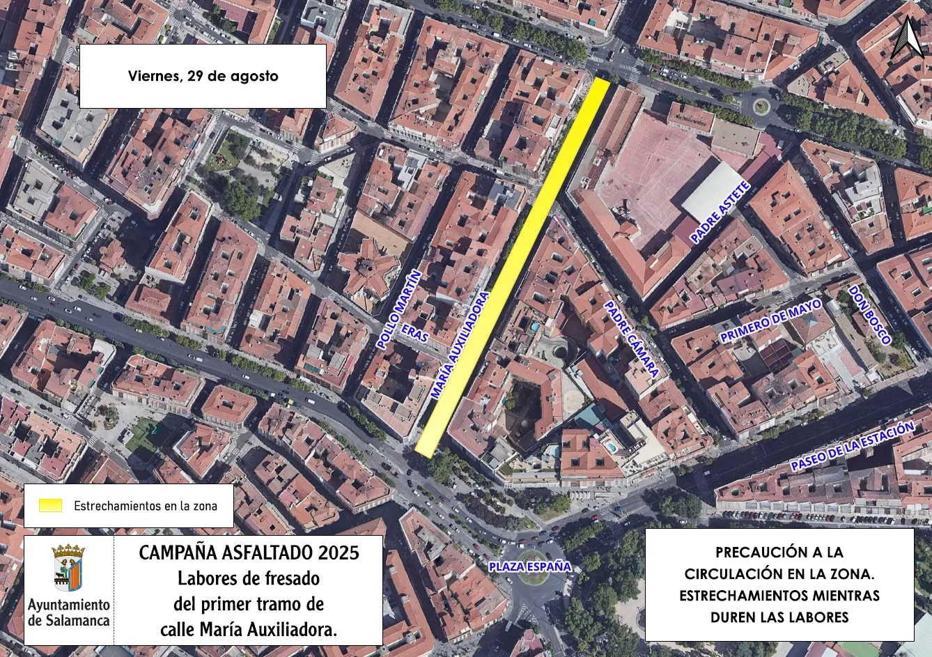 Estrechamientos de calzada mañana en la calle María Auxiliadora por trabajos previos al asfaltado