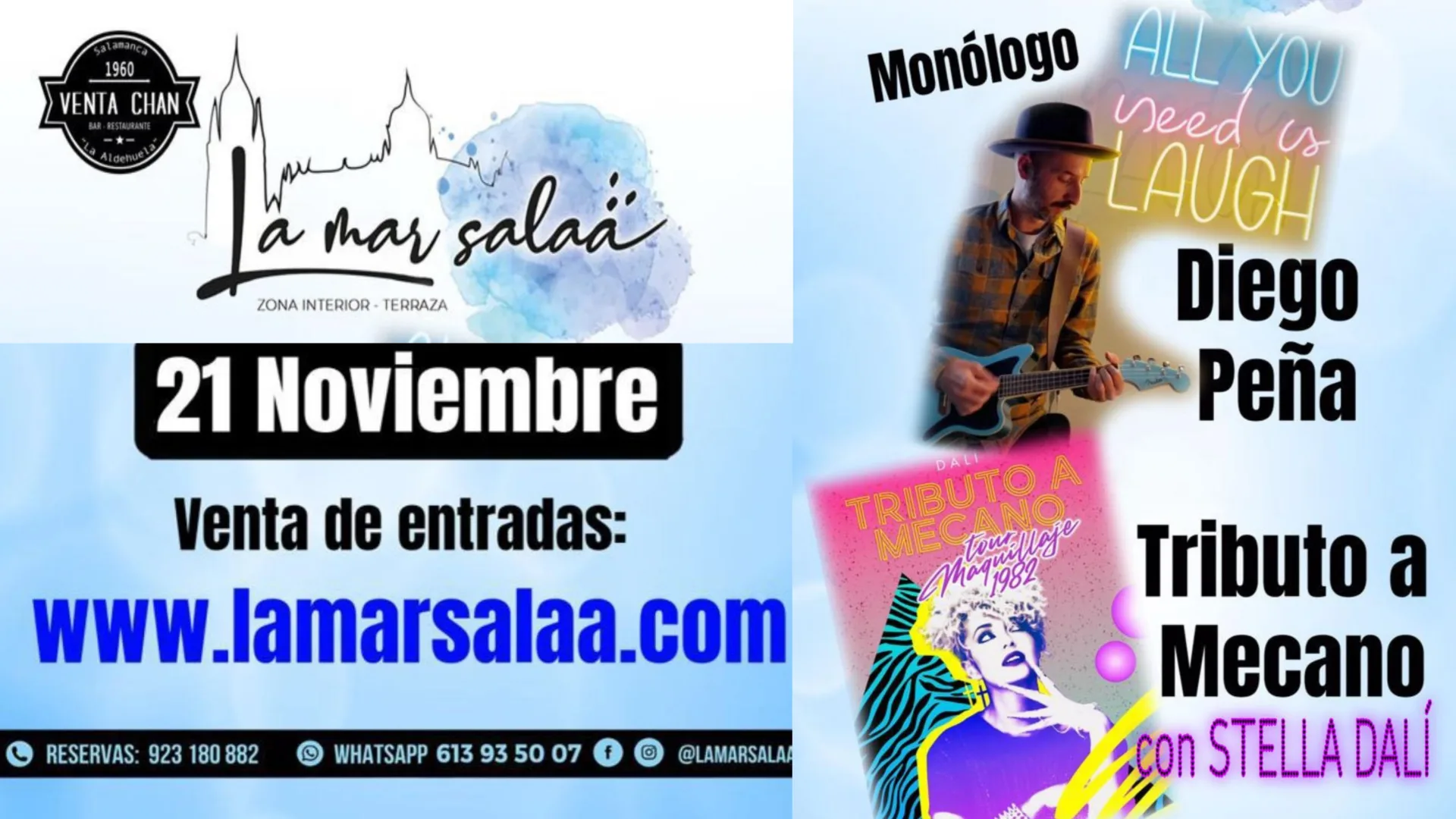 Viernes, 21 de noviembre: Diego Peña llega a La Mar Salaá con monólogo, tributo a Mecano y cena gourmet