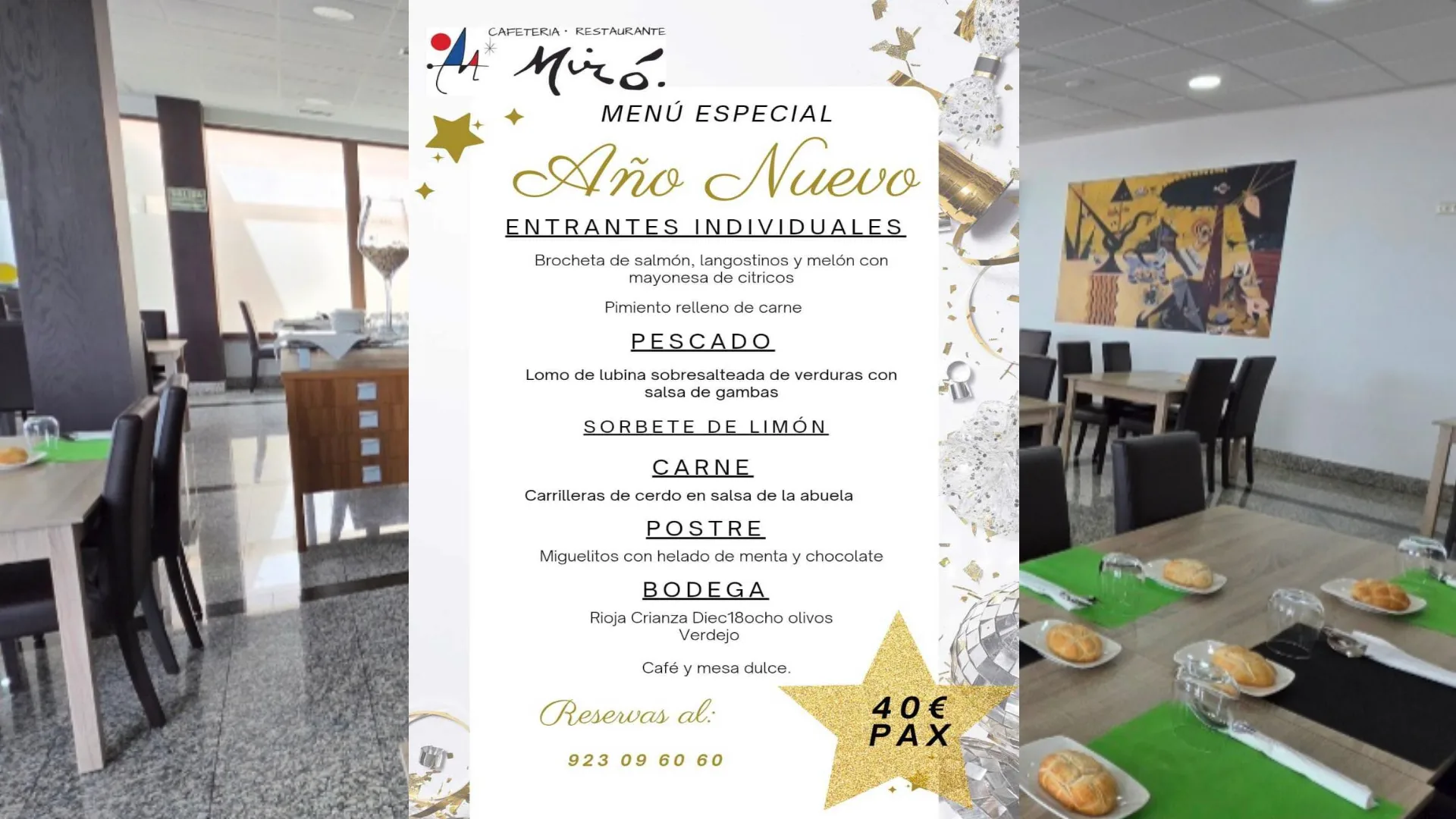 Cafetería Restaurante Miró presenta su Menú Especial de Año Nuevo por 40 euros