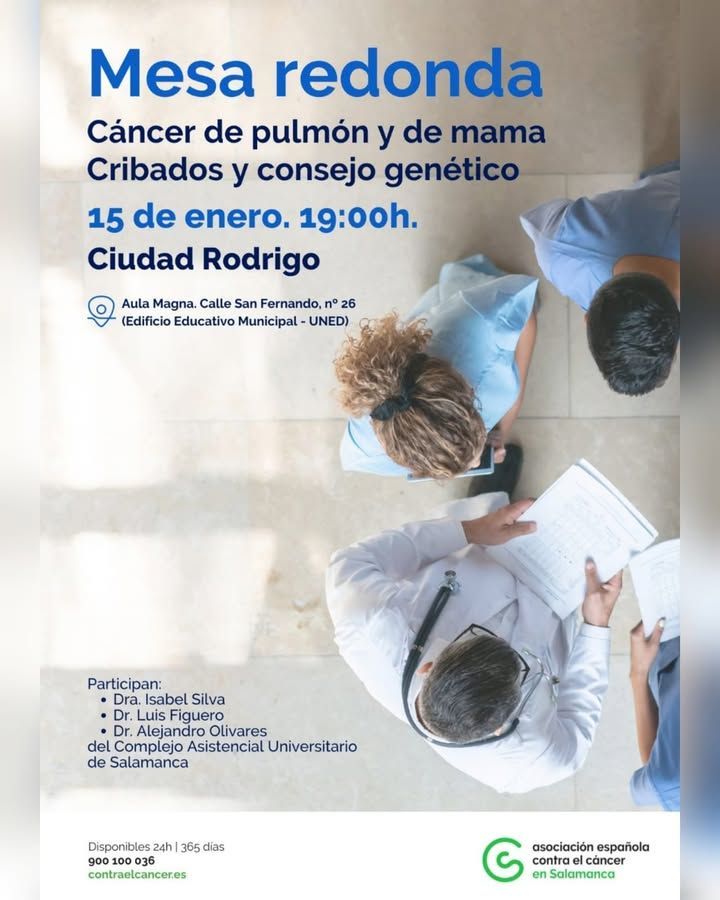 Mesa redonda sobre cáncer de pulmón y mama: prevención y genética en Ciudad Rodrigo el 15 de enero a las 19:00 horas