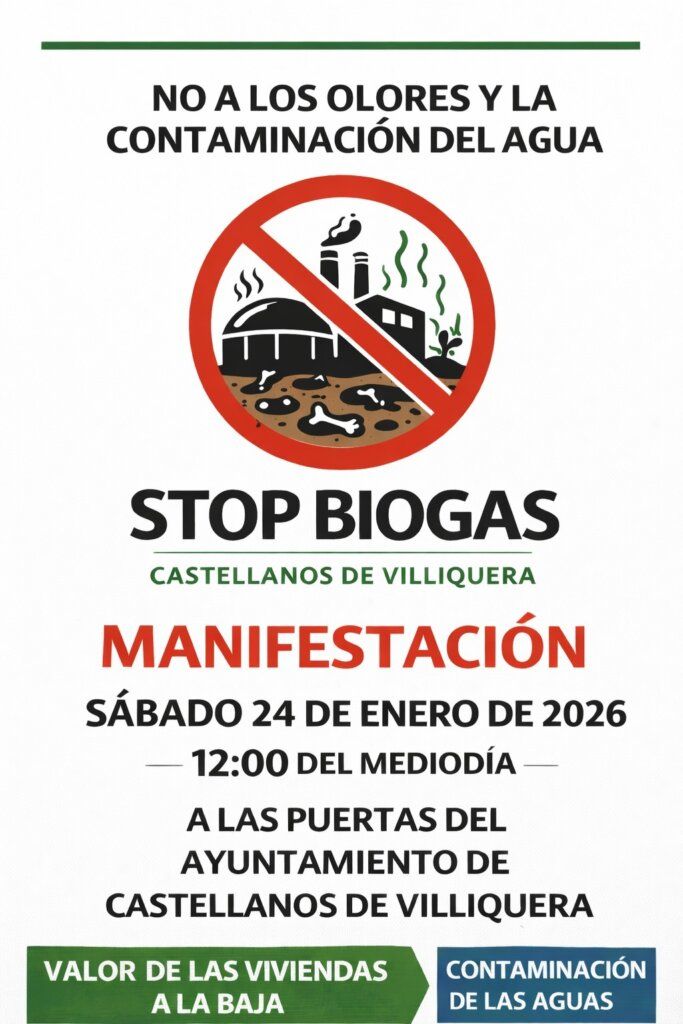 Cartel de manifestación contra planta de biometano en Castellanos de Villiquera
