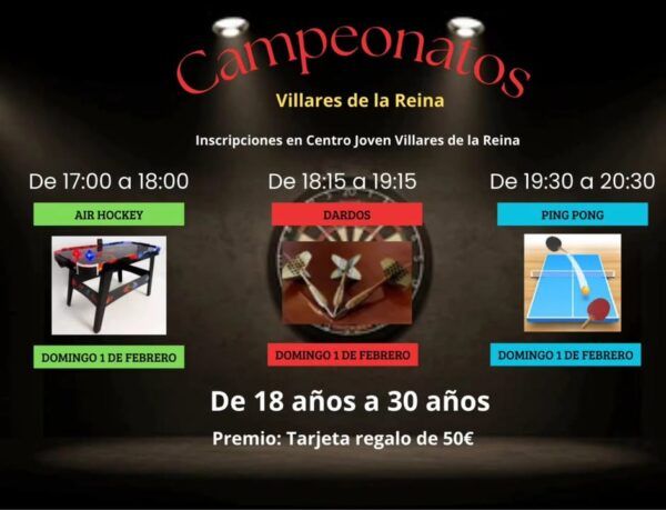 Cartel de campeonatos deportivos en la Casa de la Juventud con horarios y premios.
