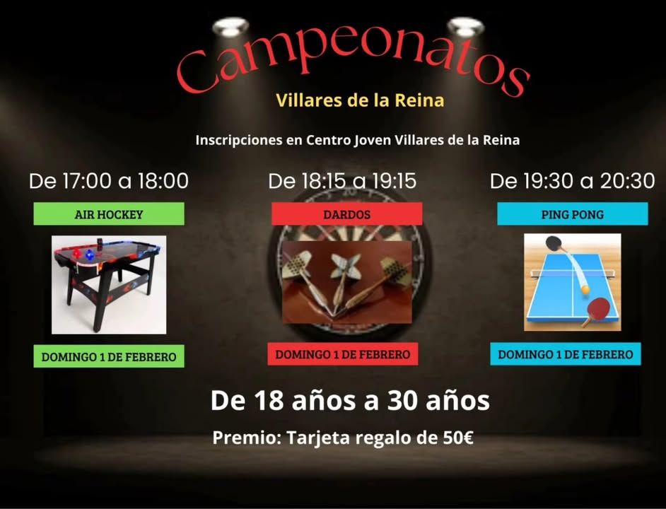 Cartel de campeonatos deportivos en la Casa de la Juventud con horarios y premios.