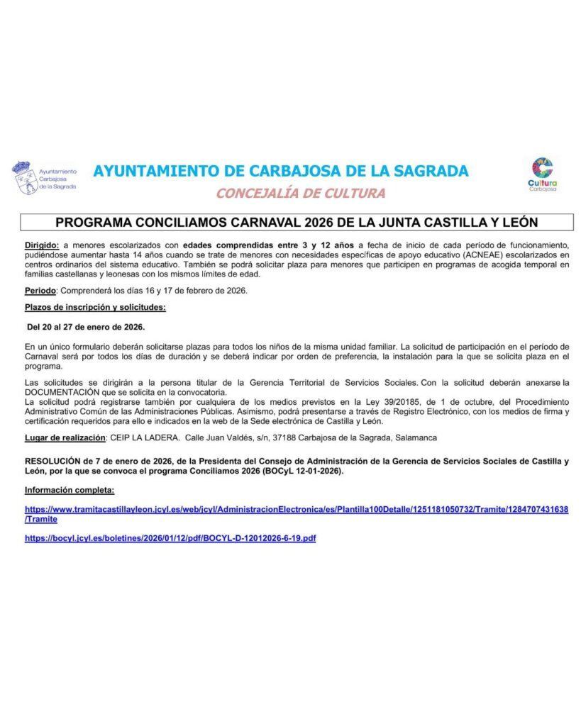 Cartel del Carnaval 2026 en Carbajosa con información del programa