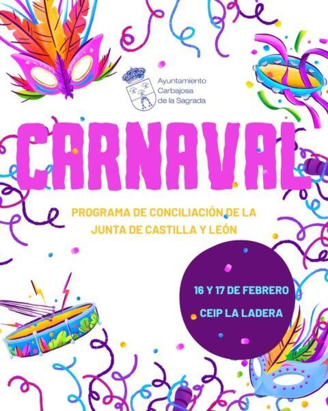 Cartel del Carnaval 2026 en Carbajosa con detalles coloridos y festivos.