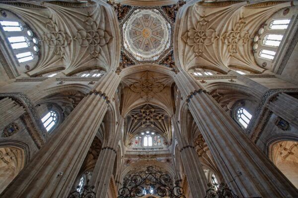 Vista del interior de la Catedral Nueva de Salamanca con columnas y techos elaborados