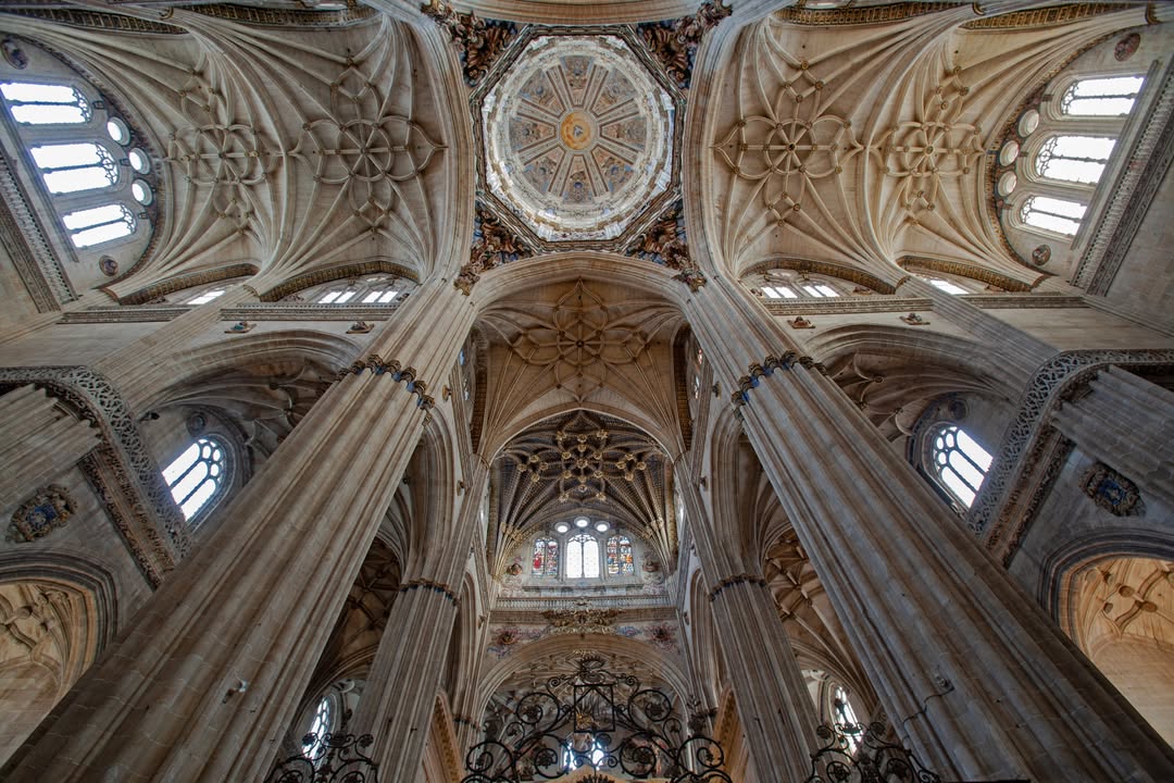 Vista del interior de la Catedral Nueva de Salamanca con columnas y techos elaborados