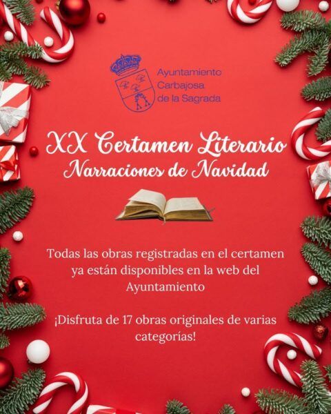 Cartel del XX Certamen Literario de Narraciones de Navidad con libros y decoraciones navideñas.