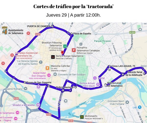 Mapa de cortes de tráfico en Salamanca por protesta agraria