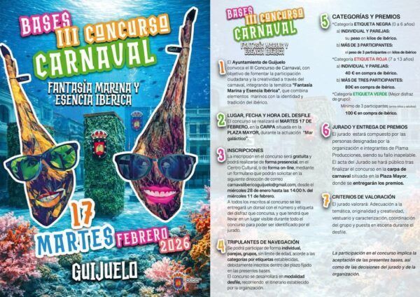 Cartel del concurso de disfraces de Carnaval en Guijuelo con temática marina e ibérica.