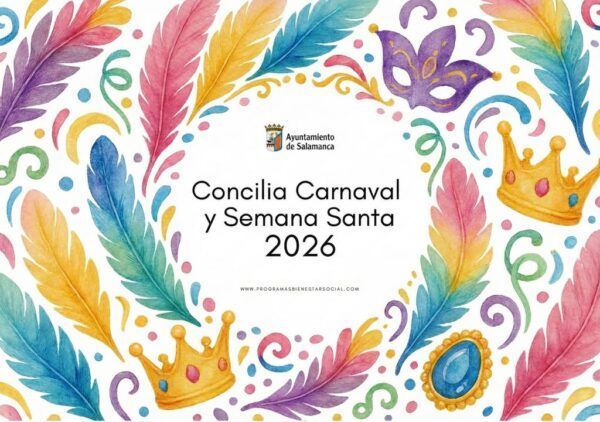 Cartel colorido de las ludotecas Concilia de Carnaval y Semana Santa en Salamanca