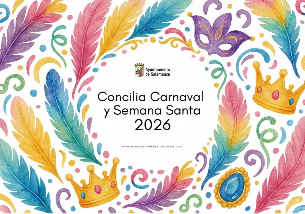 Cartel colorido de las ludotecas Concilia de Carnaval y Semana Santa en Salamanca