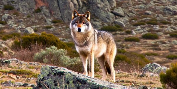 Lobo en un paisaje montañoso de Salamanca, España.