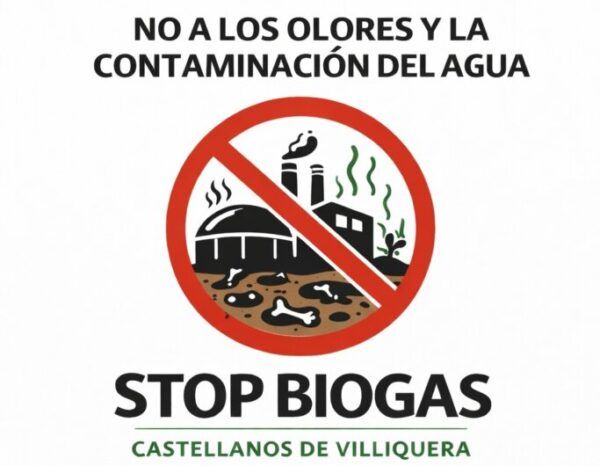 Cartel de manifestación contra planta de biometano en Castellanos de Villiquera