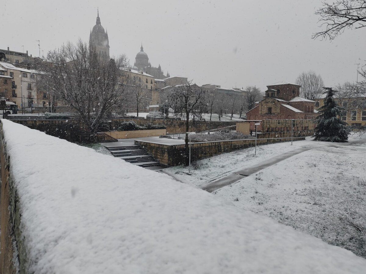 Vista de Salamanca cubierta de nieve en un día invernal