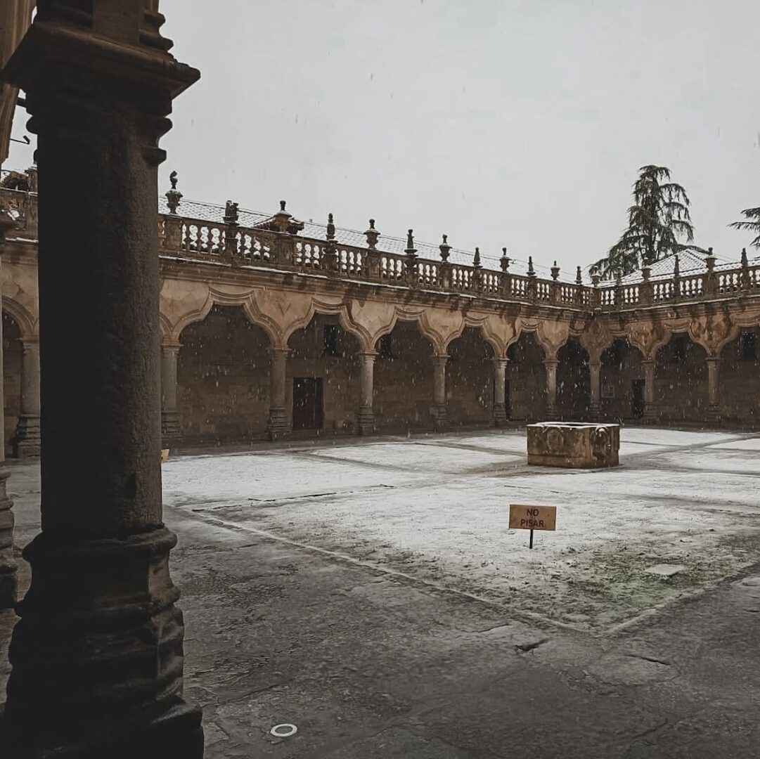 Vista del campus de la Universidad de Salamanca cubierto de nieve y hielo