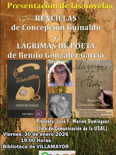 Cartel de presentación de novelas en Villamayor con autores y detalles del evento