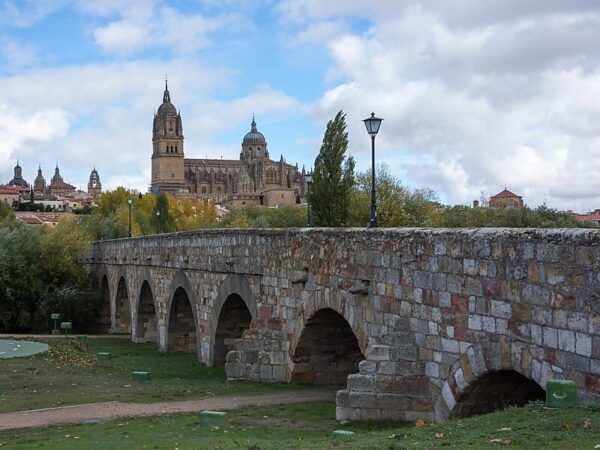Vista del Puente Romano de Salamanca con la catedral al fondo