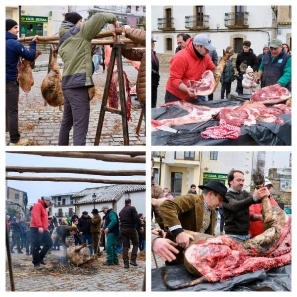 Participantes en la Matanza Tradicional de Candelario colaborando en la actividad