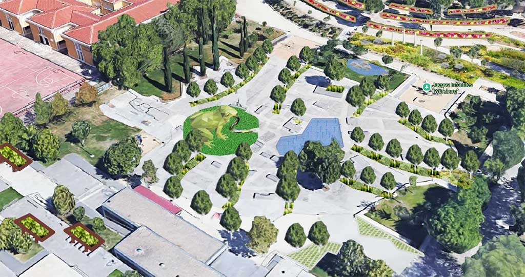 Vista aérea del parque de Würzburg con áreas verdes y juegos infantiles.