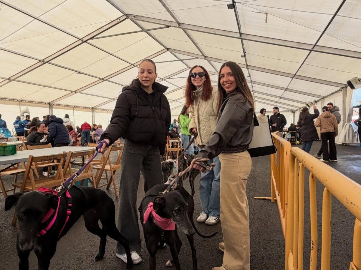 Grupo de personas con perros en un evento festivo en Villamayor