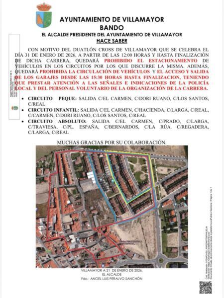 Bando del Ayuntamiento de Villamayor sobre cortes de tráfico por el Cross Roberto Ramos