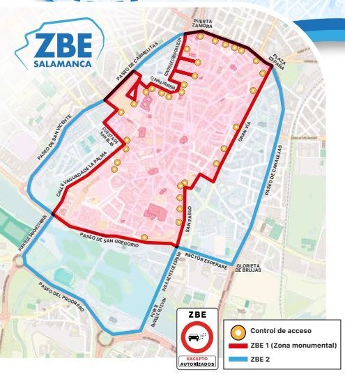 Mapa de la Zona de Bajas Emisiones en Salamanca con delimitaciones y controles de acceso