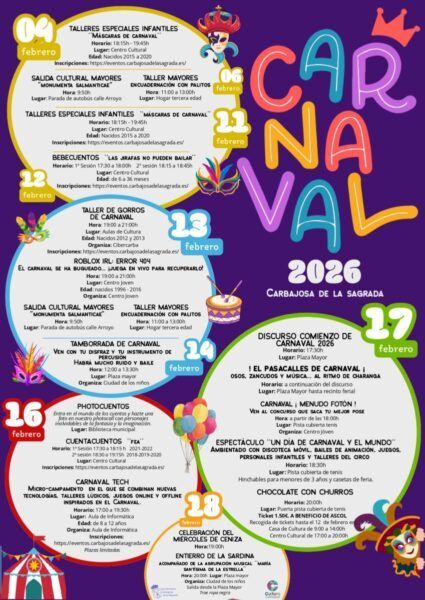 Cartel del Carnaval 2026 en Carbajosa de la Sagrada con actividades y fechas