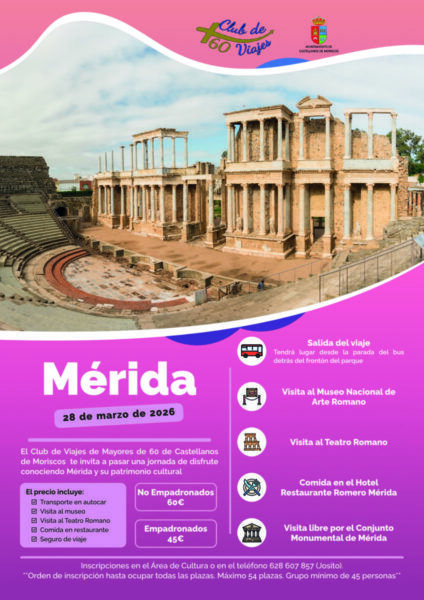 Cartel de viaje a Mérida con detalles del itinerario y actividades.