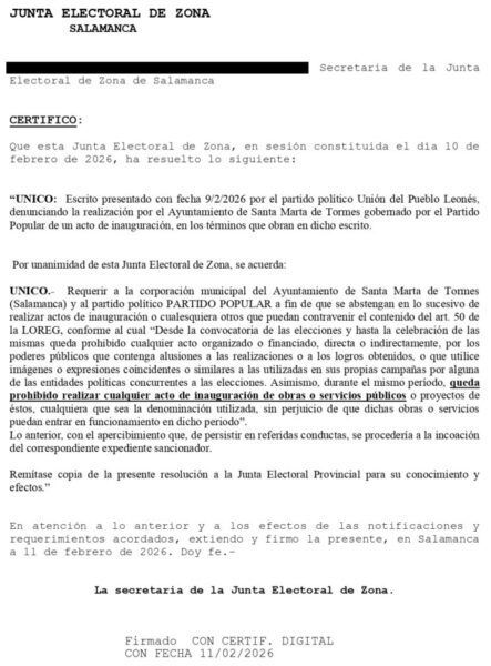 Acta de la Junta Electoral sobre la denuncia de UPL al PP en Santa Marta de Tormes