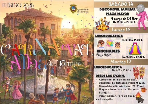 Cartel del Carnaval 2026 en Alba de Tormes con actividades familiares.