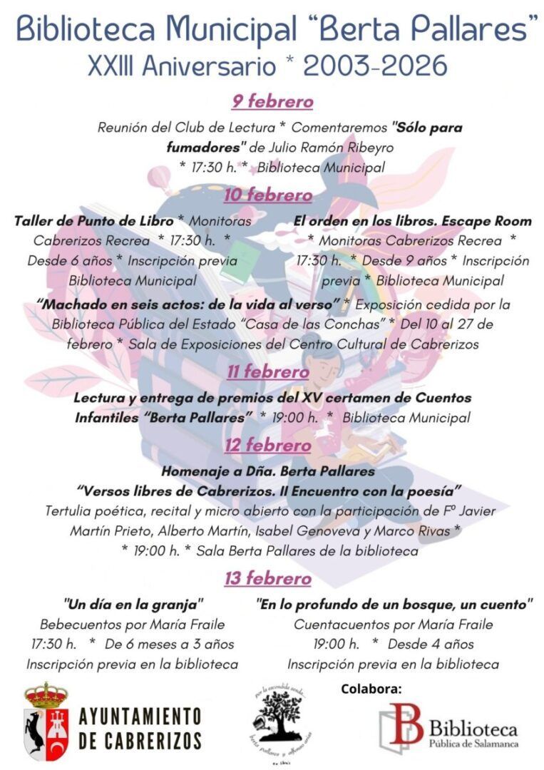 Cartel de actividades culturales de la Biblioteca Municipal Berta Pallares