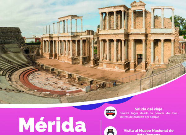 Cartel informativo sobre un viaje a Mérida con detalles del itinerario
