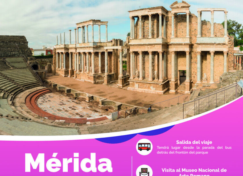 Cartel informativo sobre un viaje a Mérida con detalles del itinerario