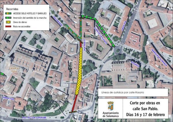 Mapa de cortes de tráfico en la calle San Pablo por obras de abastecimiento.