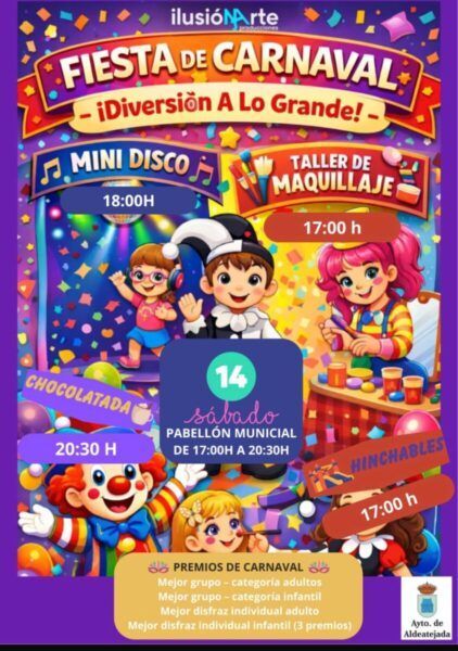 Cartel de la fiesta de carnaval en Aldeatejada con actividades para niños