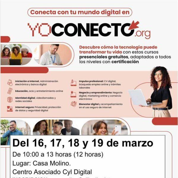 Cartel informativo sobre el curso Yo Conecto con fechas y detalles de inscripción.