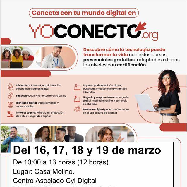 Cartel informativo sobre el curso Yo Conecto con fechas y detalles de inscripción.
