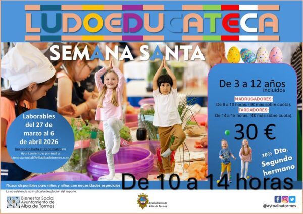 Cartel informativo sobre la ludoteca de Semana Santa en Alba de Tormes.