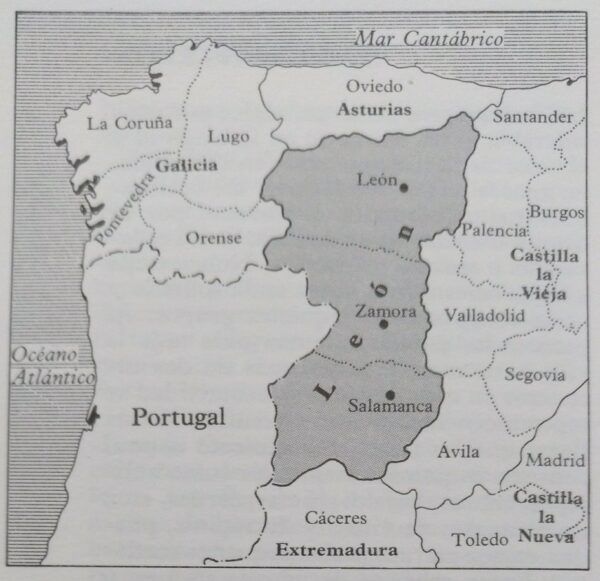 Mapa que muestra la extensión de la Región Leonesa en España.