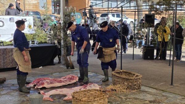 Participantes en la Matanza de Carnaval en Guijuelo con cerdo ibérico