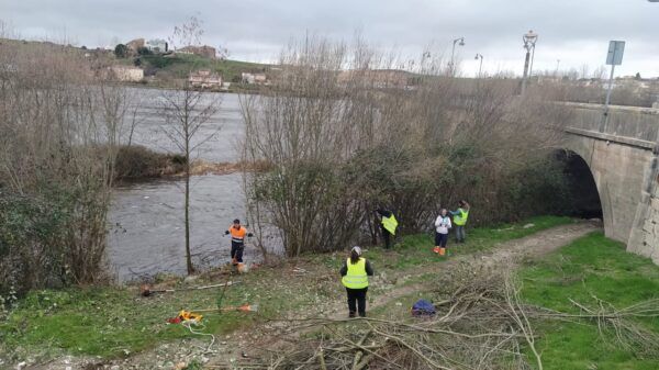 Trabajadores realizando tareas de limpieza en la ribera del Tormes