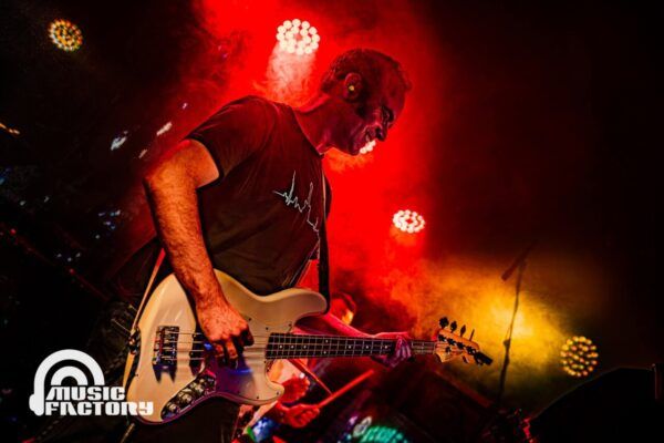 Músico tocando el bajo en el concierto de Perros Verdes en Salamanca