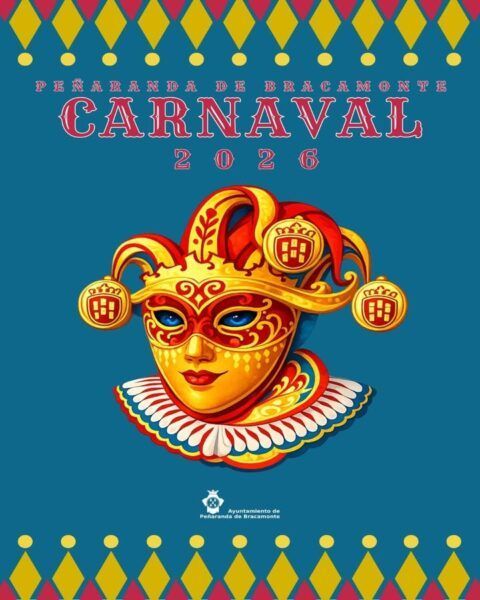 Cartel del Carnaval 2026 de Peñaranda de Bracamonte con una máscara colorida.