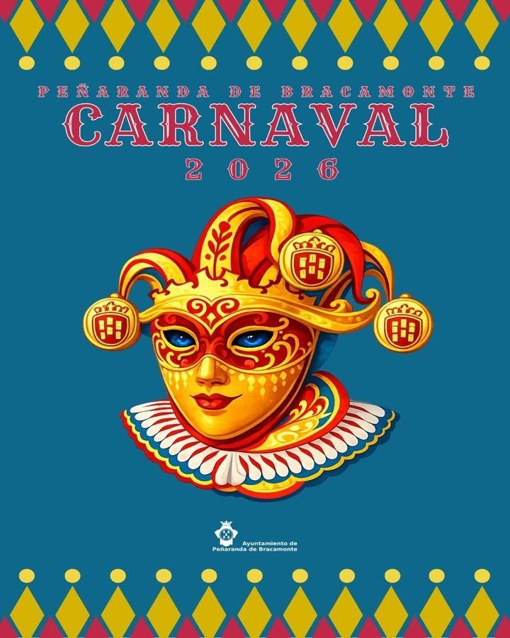Cartel del Carnaval 2026 de Peñaranda de Bracamonte con una máscara colorida.