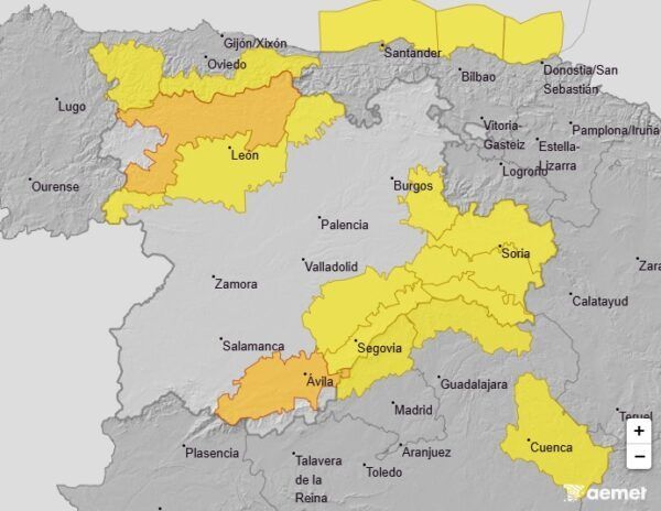 Mapa de Castilla y León con alertas de precipitaciones y nevadas