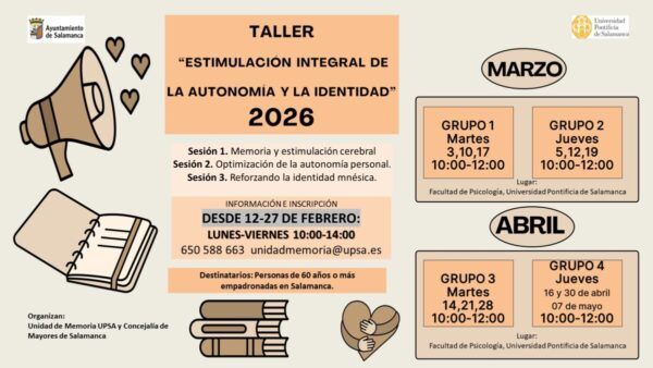Cartel informativo sobre talleres de estimulación integral para mayores en Salamanca